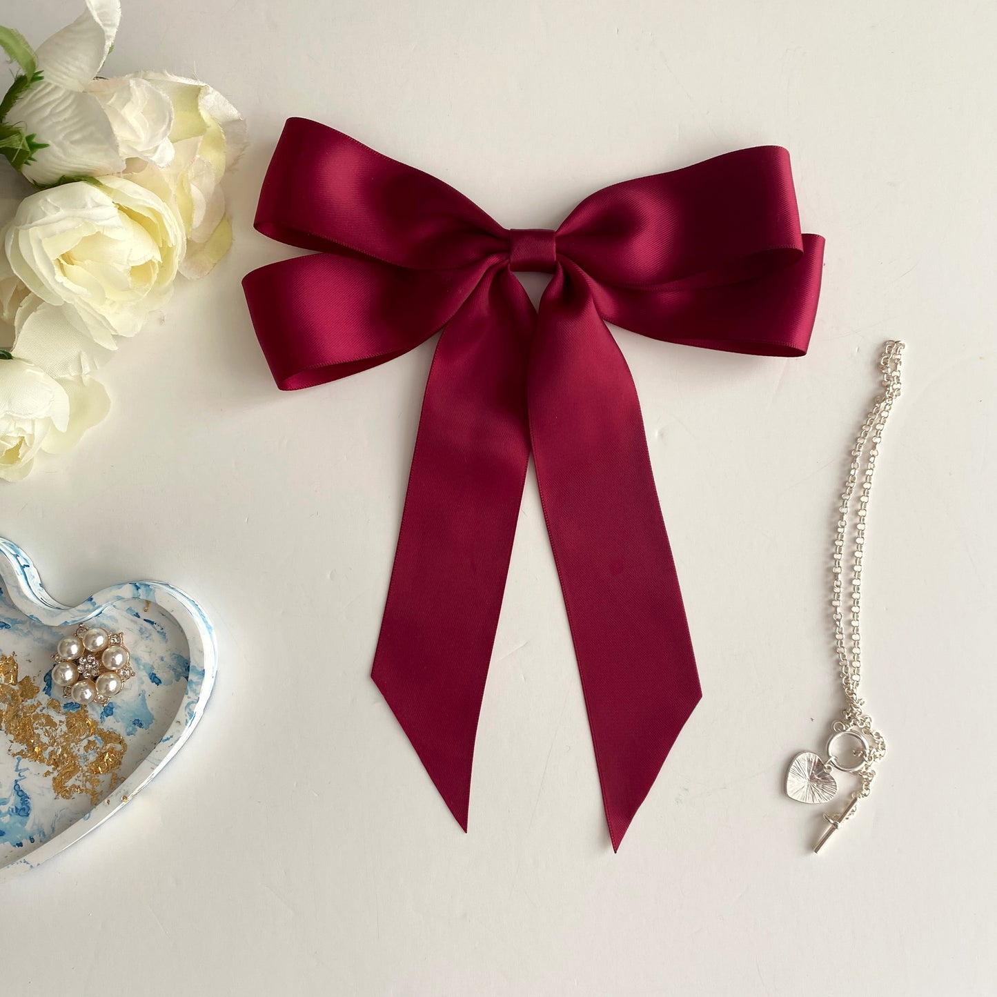 Satin Oversized Long Tail Bow - Burgundy