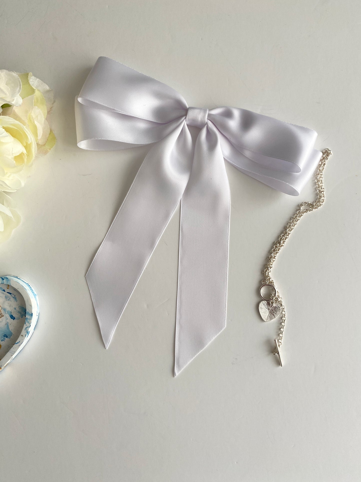 Satin Oversized Long Tail Bow - White