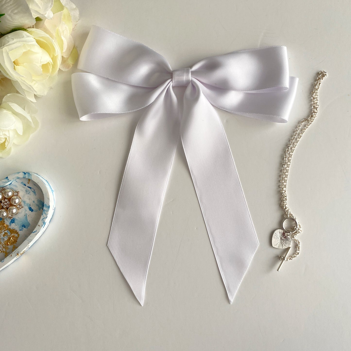 Satin Oversized Long Tail Bow - White