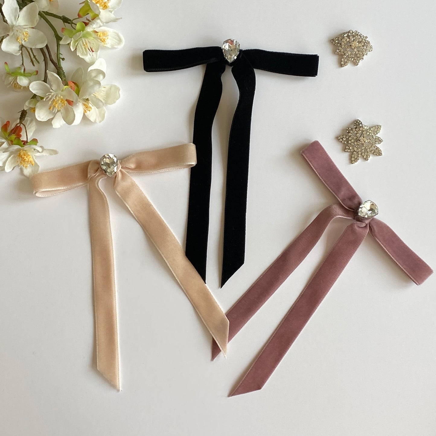 CAURA Skinny Rhinestone Velvet Long Tail Bow