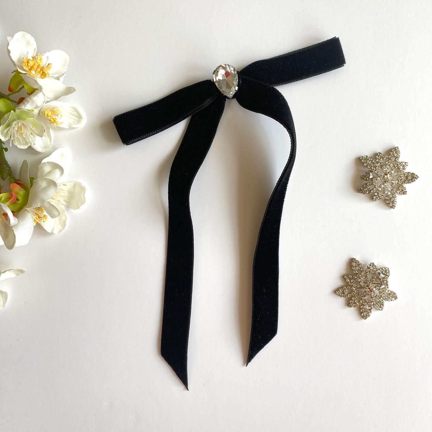 CAURA Skinny Rhinestone Velvet Long Tail Bow
