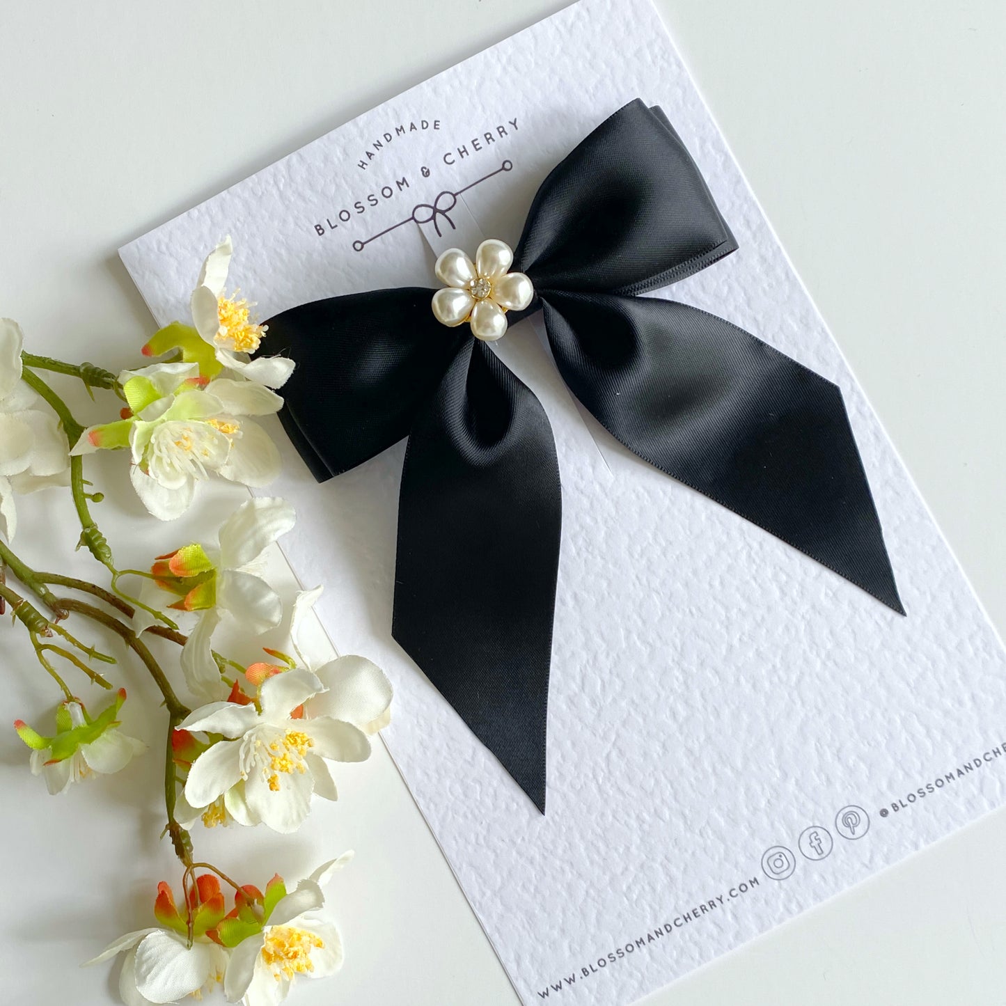 Chloi Satin Short Tail Pearl Bow- Black