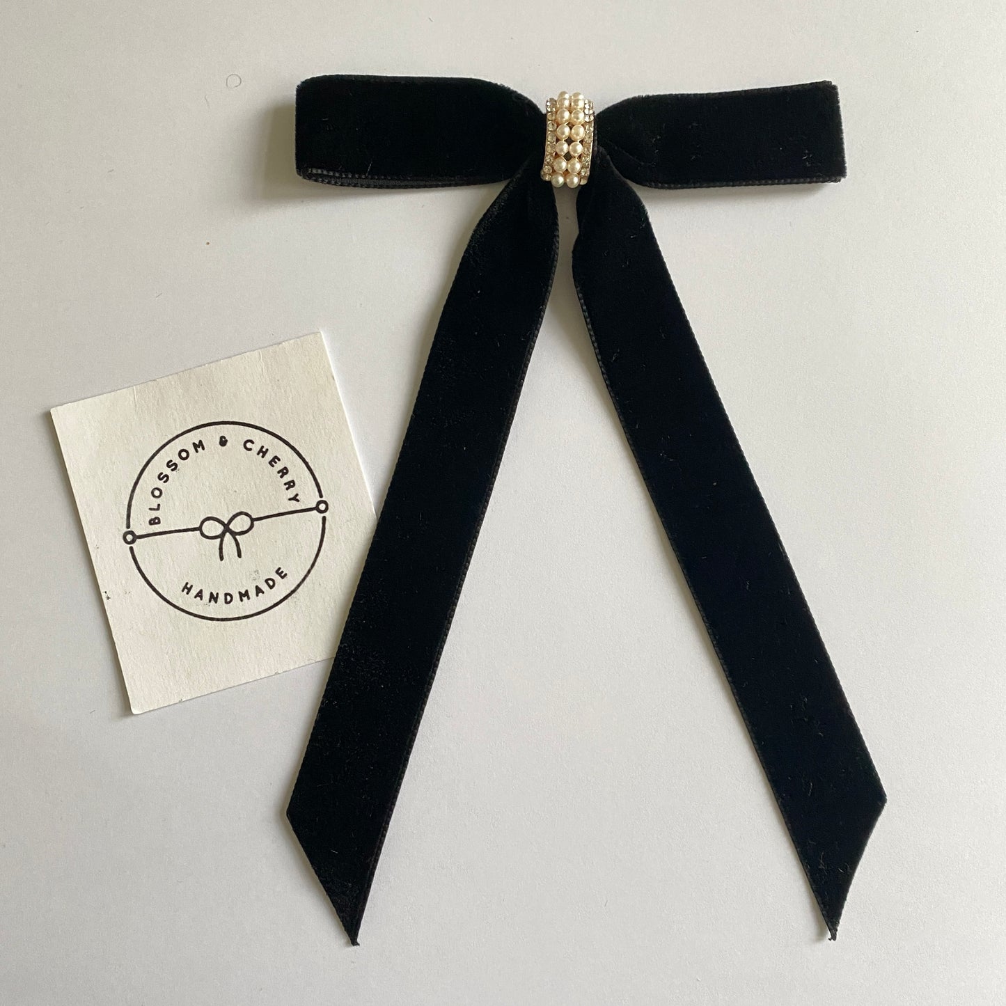 Caura Pearl Velvet Long Tail Bow - Black