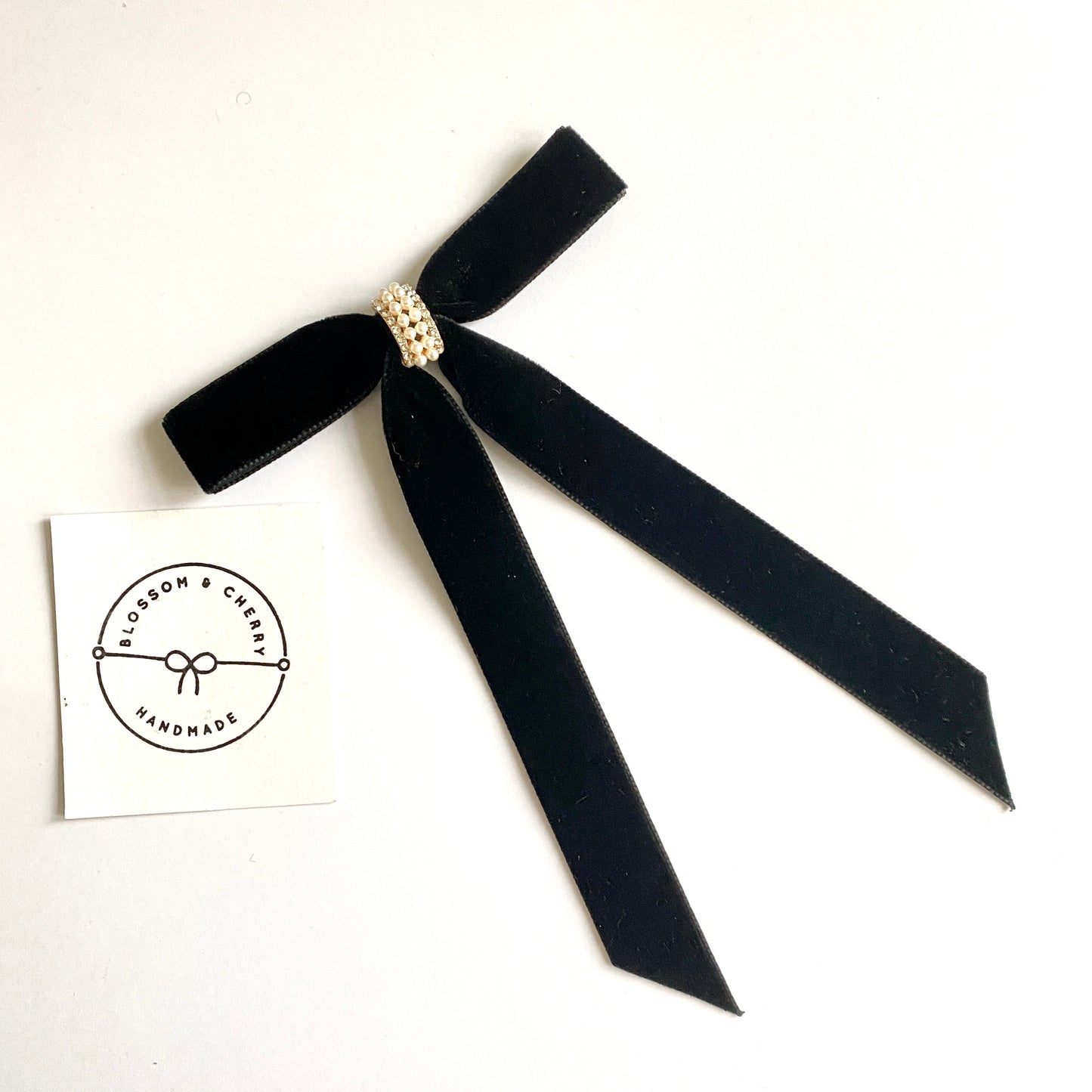 Caura Pearl Velvet Long Tail Bow - Black