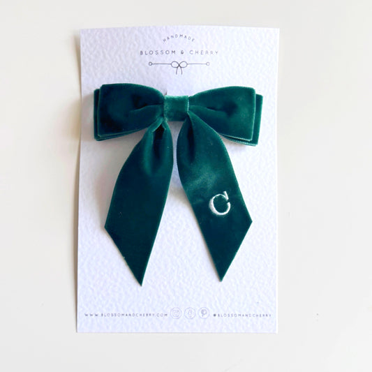 Personalised Embroidered Velvet Short Tail Bow - Bottle Green