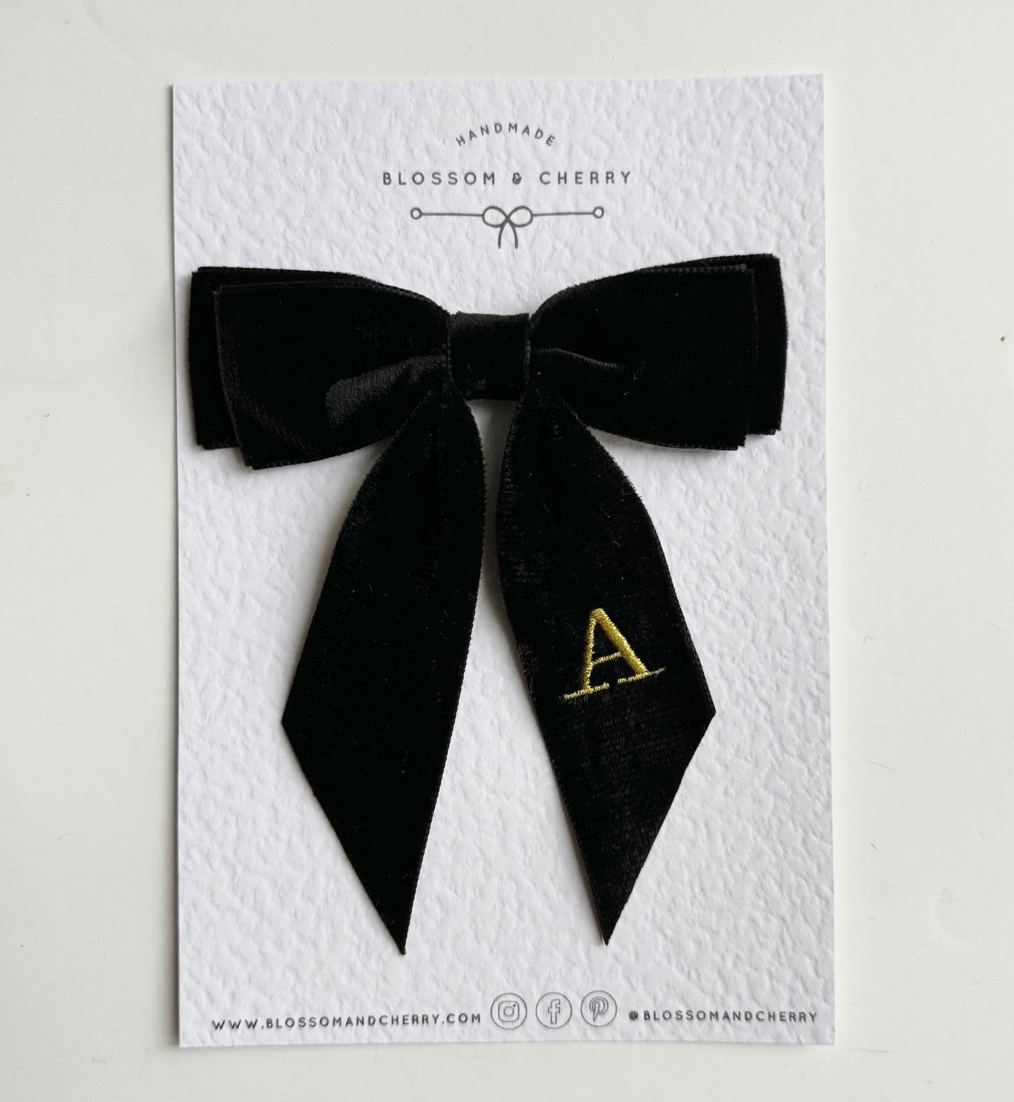 Chloi- Personalised Gold Embroidered Velvet Short Tail Bow - Black