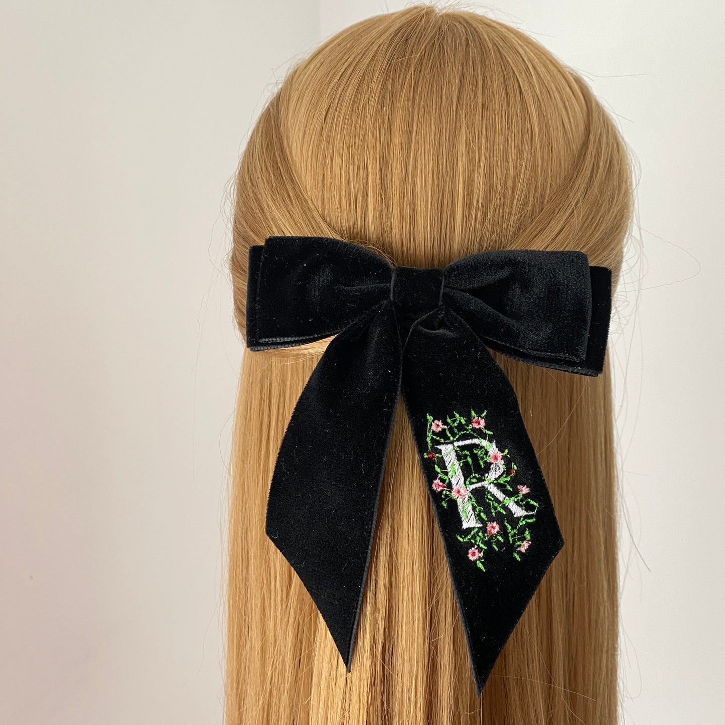 Personalised Embroidered Velvet Short Tail Bow - Black