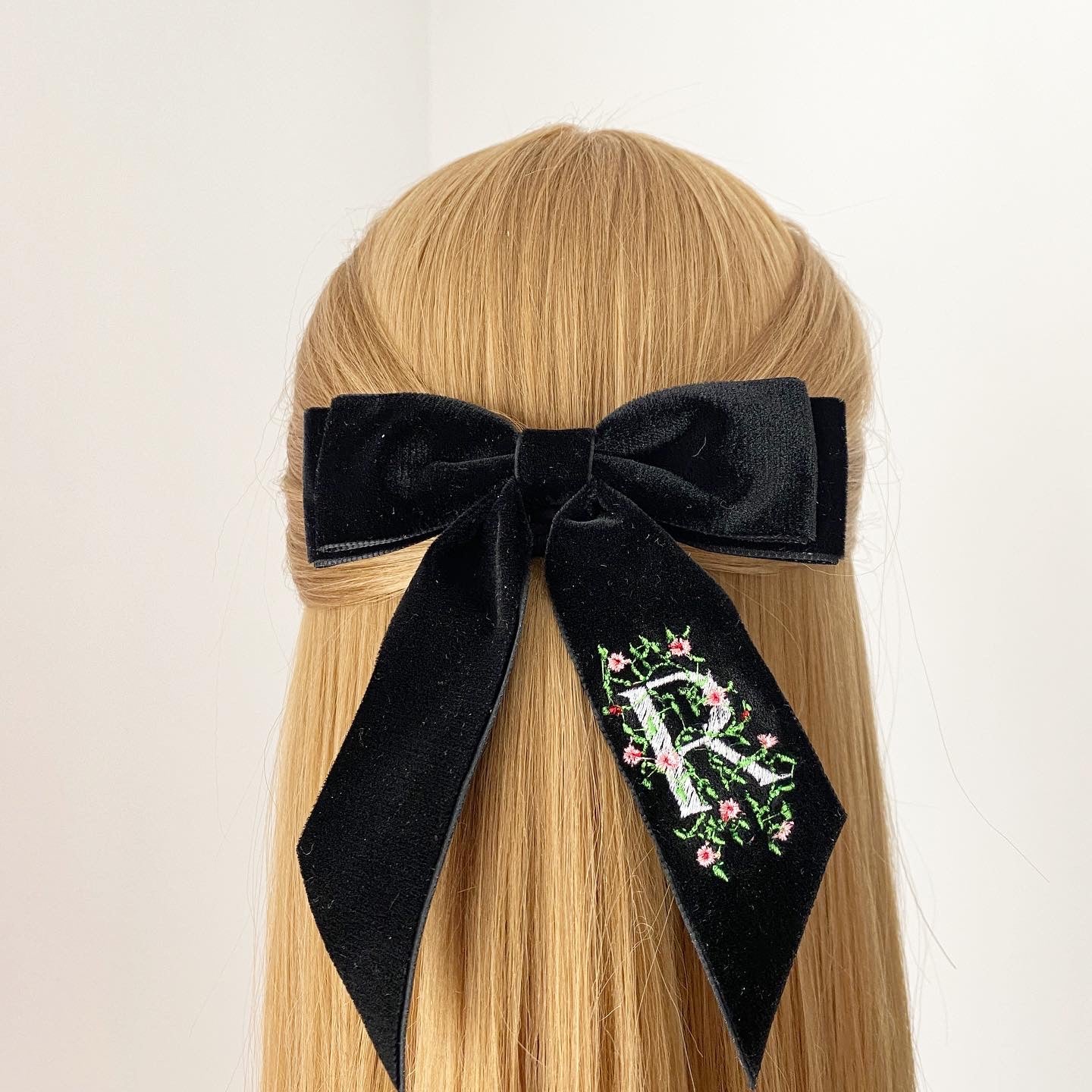 Personalised Embroidered Velvet Short Tail Bow - Black