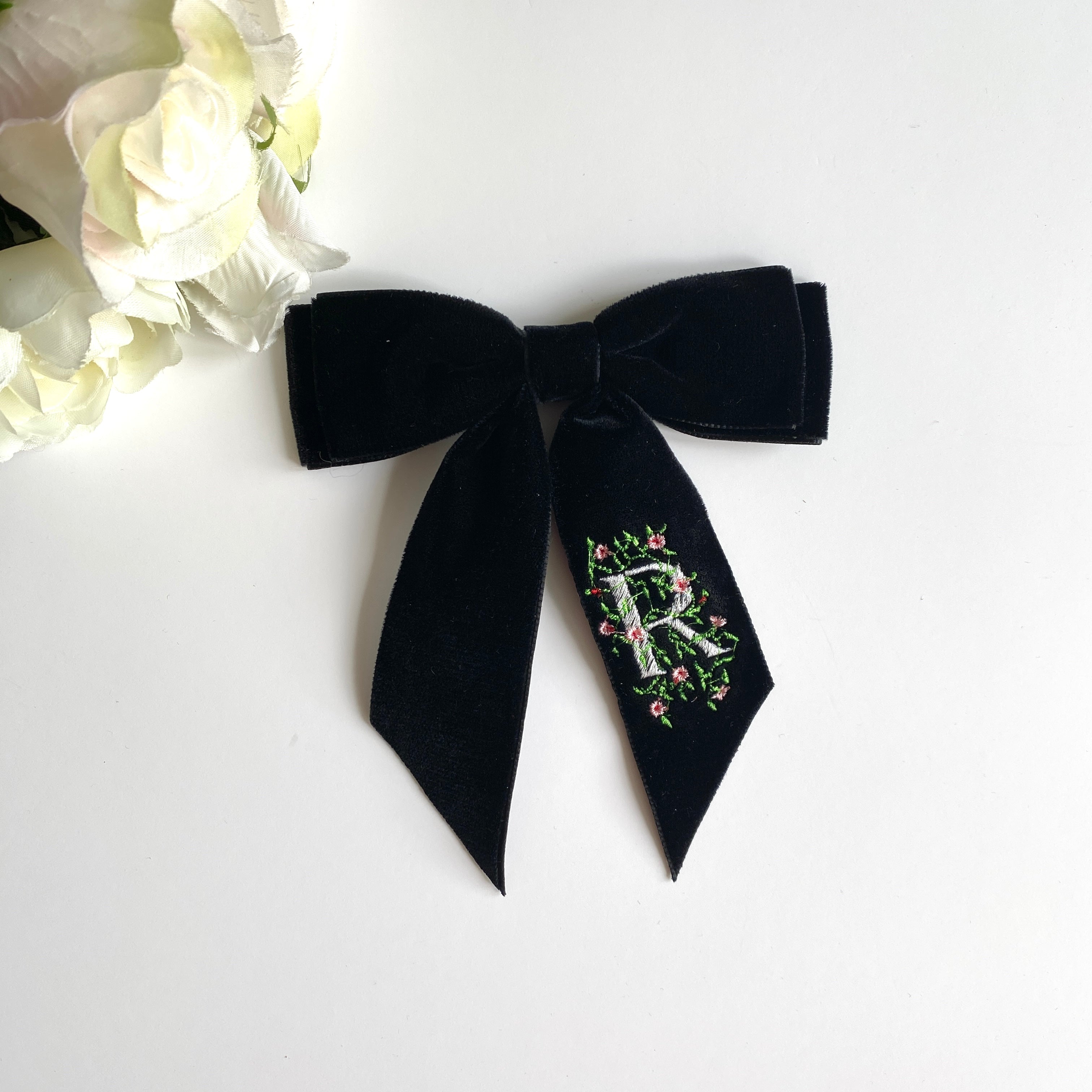 Personalised Embroidered Velvet Short Tail Bow - Black – Blossom and Cherry