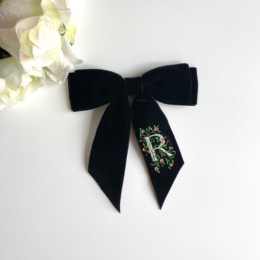 Personalised Embroidered Velvet Short Tail Bow - Black