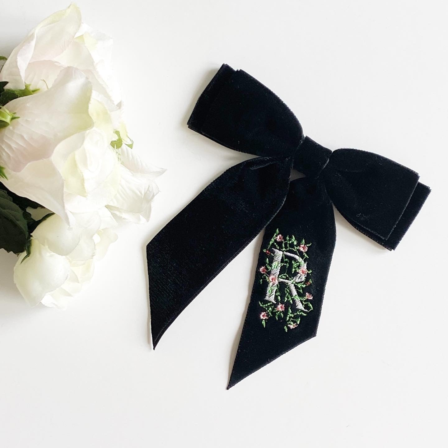 Personalised Embroidered Velvet Short Tail Bow - Black
