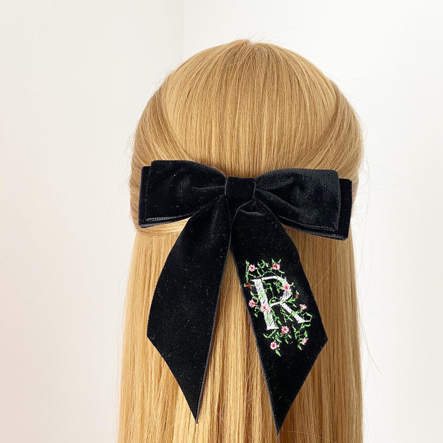 Personalised Embroidered Velvet Short Tail Bow - Black