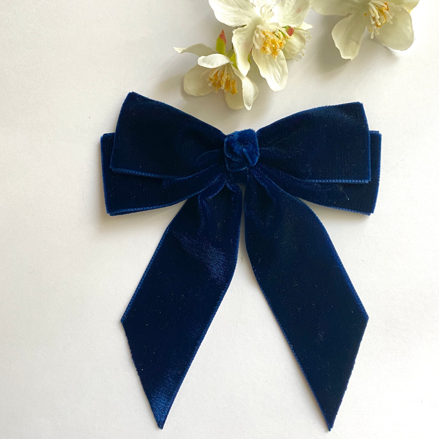 Navy Velvet Hair Bow Short Ribbon Tails French Barrette | Grace & Grandeur  Judy Short Bow