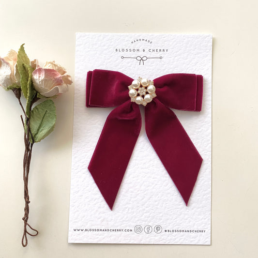 Chloi Pearl Velvet Short Tail Bow -  Burgundy